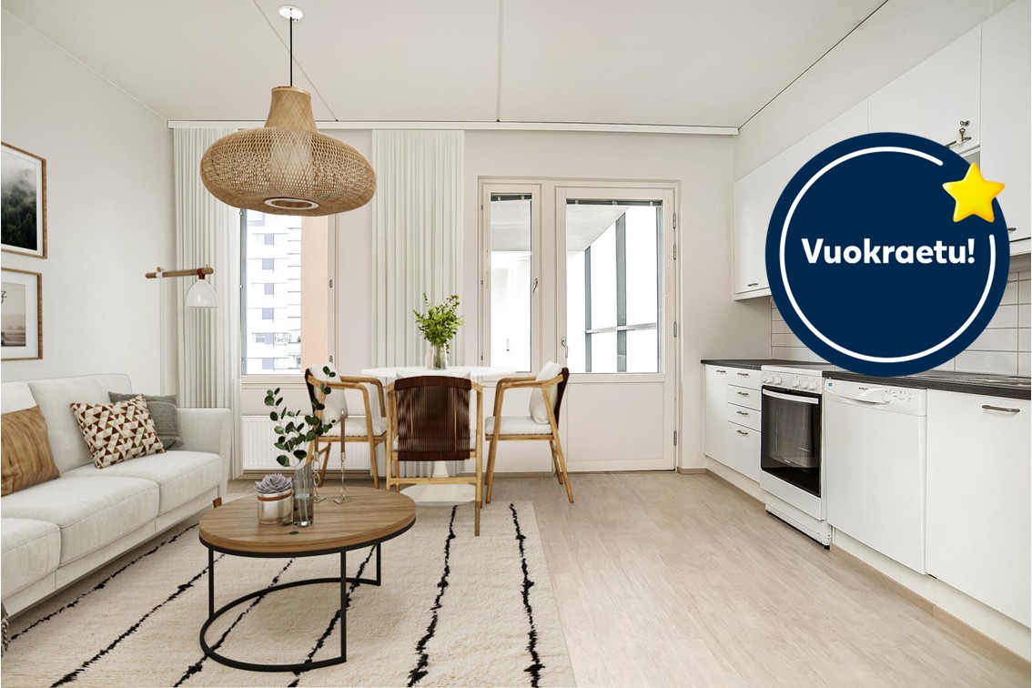 Pääkuva: digistailattu huoneistokuva. Kampanjaetu: Ensimmäisen 6 kuukauden vuokra -50€.