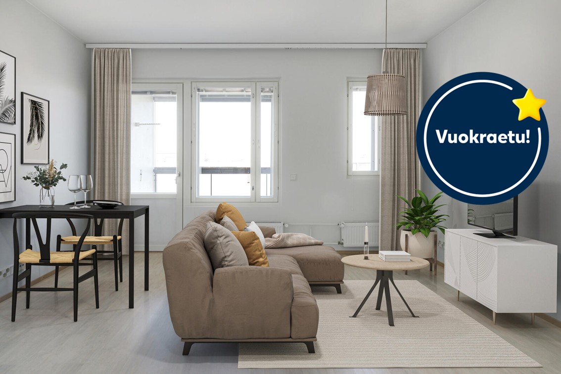 Pääkuva: digistailattu huoneistokuva. Kampanja: -50€ kuuden ensimmäisen kuukauden ajan.