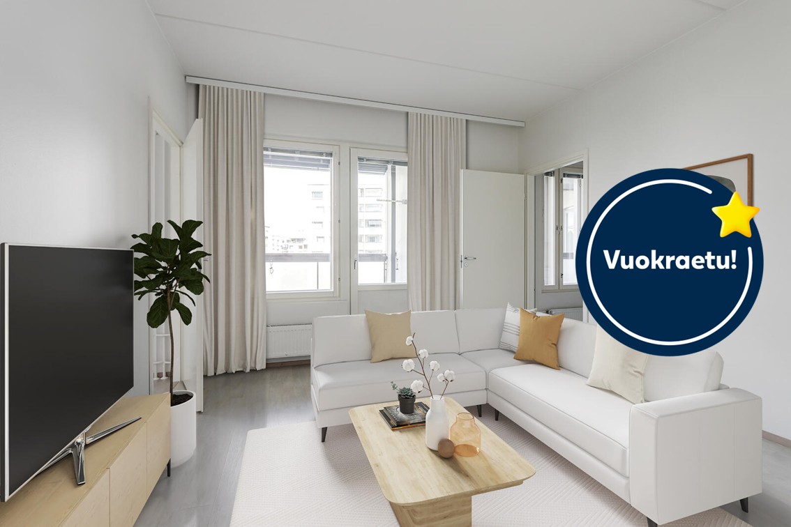 Pääkuva: digistailattu huoneistokuva. Kampanja: Kuusi ensimmäistä kuukautta -50€.