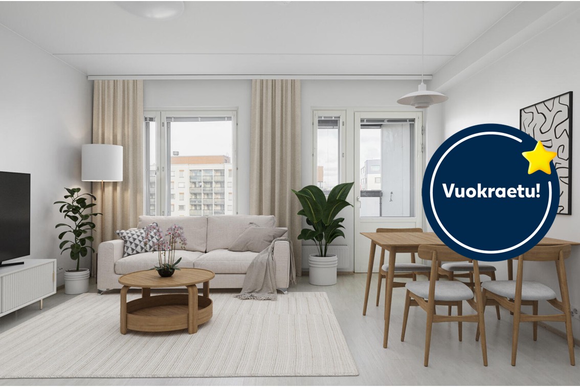 Pääkuva: digistailattu huoneistokuva. Kampanja: Kuusi ensimmäistä kuukautta -50€.