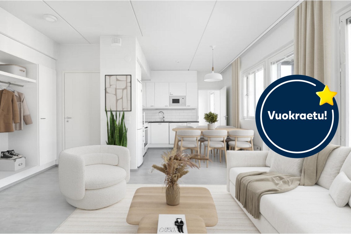 Pääkuva: digistailattu huoneistokuva. Kampanja: Kuusi ensimmäistä kuukautta -50€.