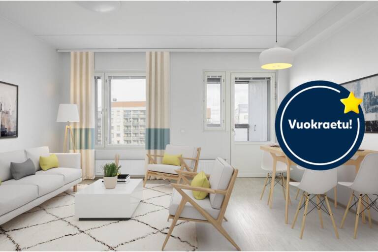 Pääkuva: digistailattu huoneistokuva. Kampanja: Kuusi ensimmäistä kuukautta -50€.