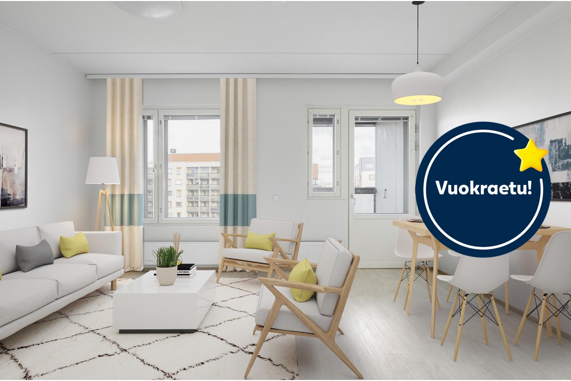 Pääkuva: digistailattu huoneistokuva. Kampanja: Kuusi ensimmäistä kuukautta -50€.