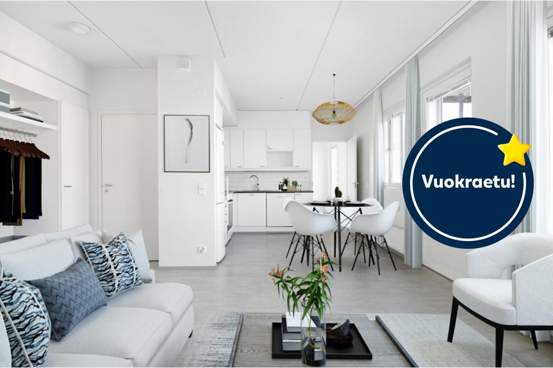 Pääkuva: digistailattu huoneistokuva. Kampanja: Kuusi ensimmäistä kuukautta -50€.