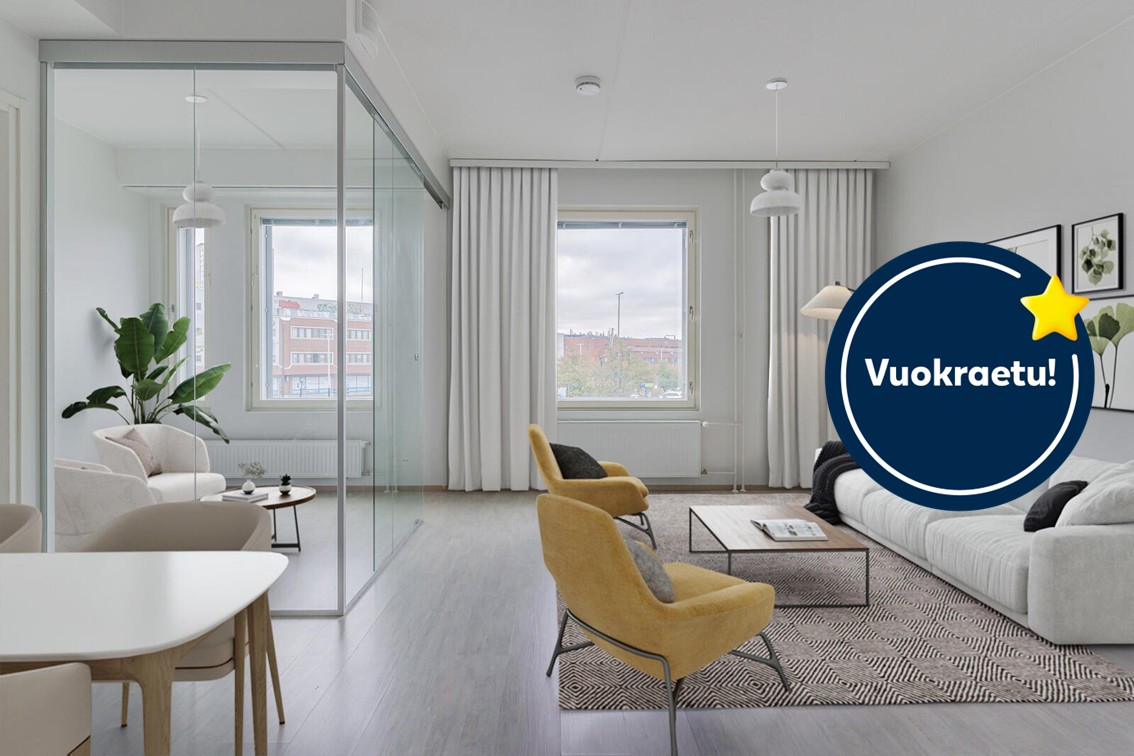 Pääkuva: digistailattu huoneistokuva. Kampanja: Kuusi ensimmäistä kuukautta -50€.