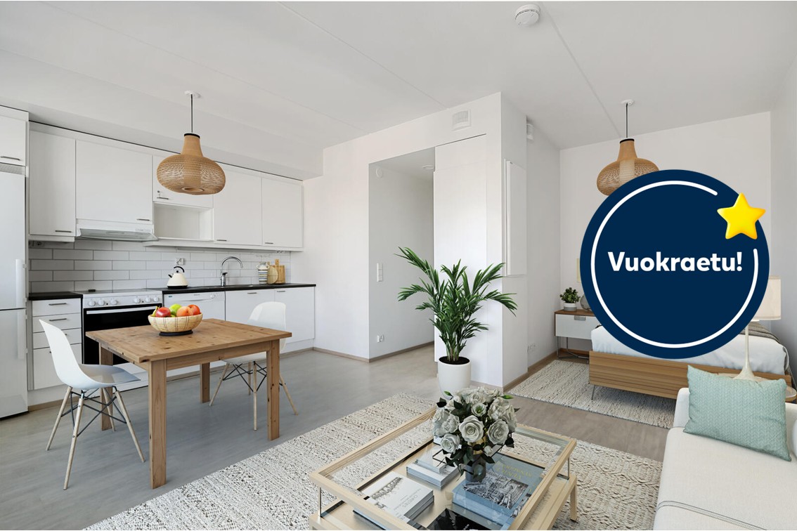 Pääkuva: digistailattu huoneistokuva. Kampanja: Kuusi ensimmäistä kuukautta -50€.