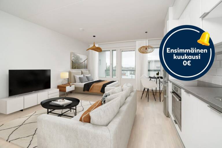 Pääkuva: digistailattu huoneistokuva. Kampanja: 1. Kuukausi ilmainen.