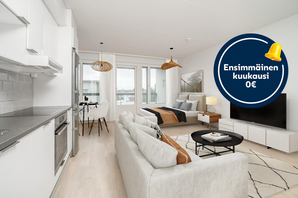 Pääkuva: digistailattu huoneostokuva. Kampanja: 1. Kuukausi ilmainen.