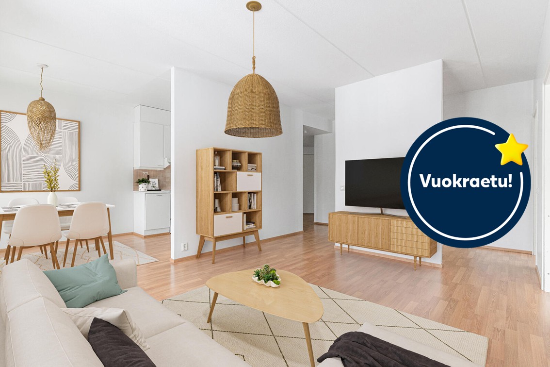 Pääkuva: digistailattu huoneistokuva. Kampanja: ensimmäinen kuukausi ilmainen.