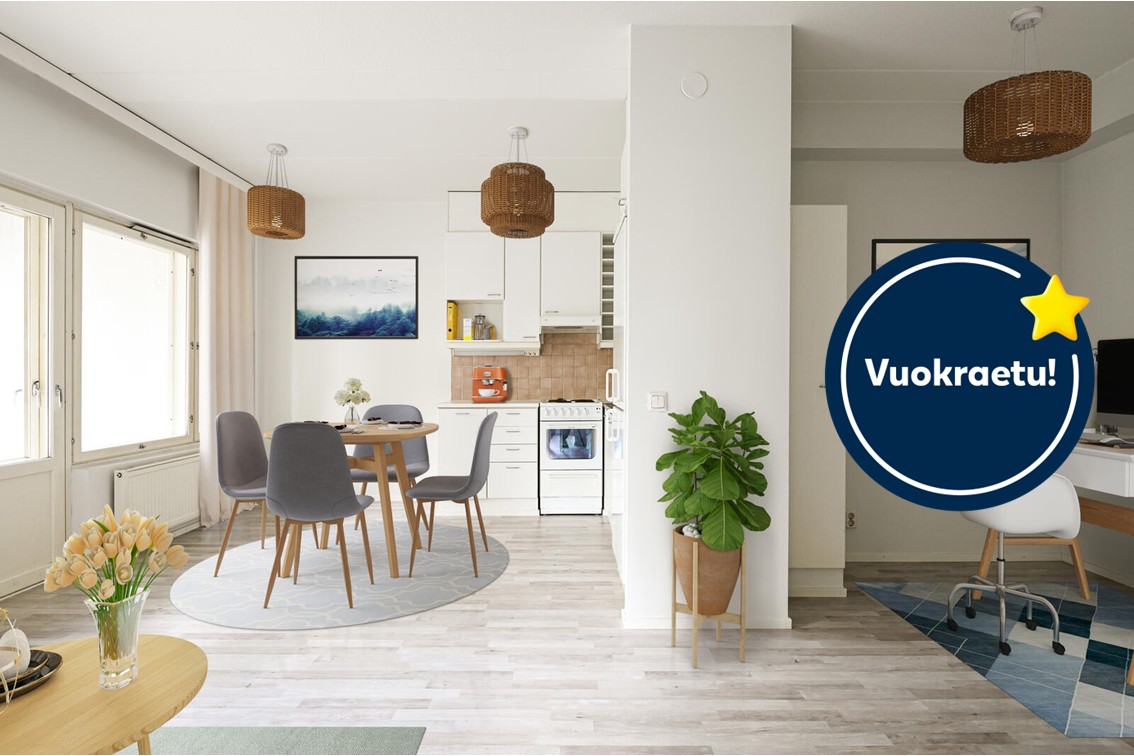Pääkuva: digistailattu huoneistokuva. Kampanja: ensimmäinen kuukausi ilmainen.