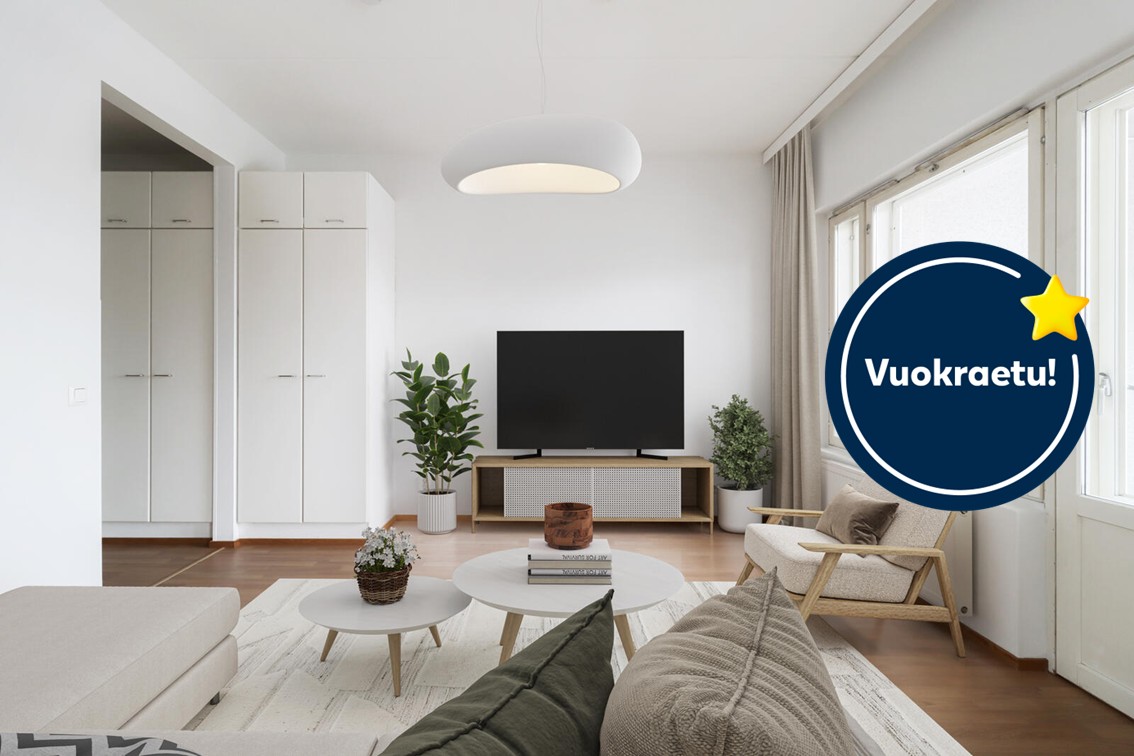 Pääkuva: digistailattu huoneistokuva. Kampanja: ensimmäinen kuukausi ilmainen.
