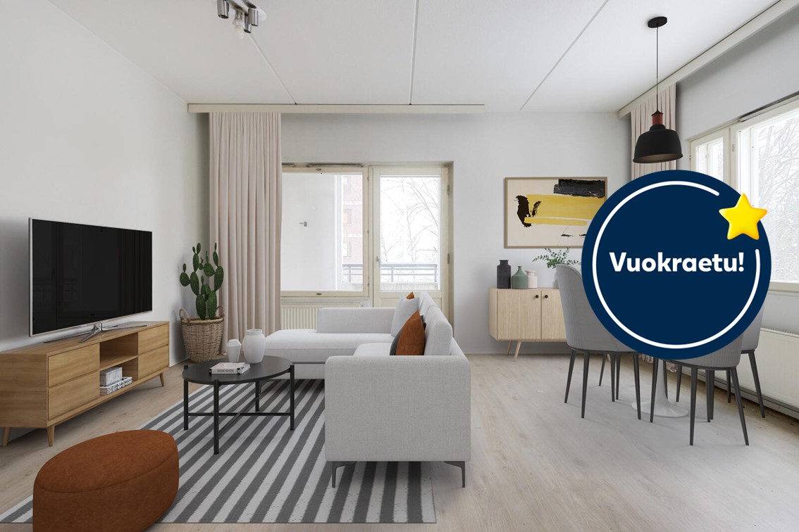 Pääkuva: digistailattu huoneistokuva. Kampanja: ensimmäinen kuukausi ilmainen.