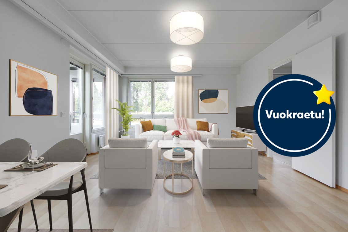 Pääkuva: digistailattu huoneistokuva. Kampanja:  Kuuden ensimmäisen kuukauden vuokra -50€.