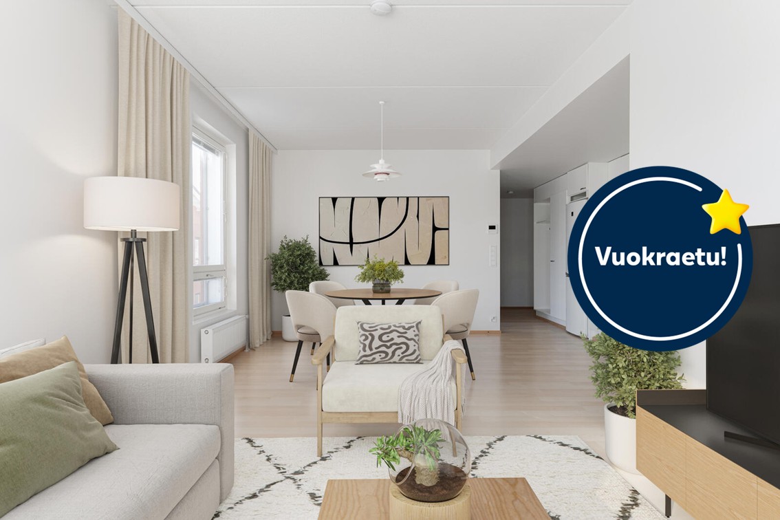 Pääkuva: digistailattu huoneistokuva. Kampanja:  Kuuden ensimmäisen kuukauden vuokra -50€.
