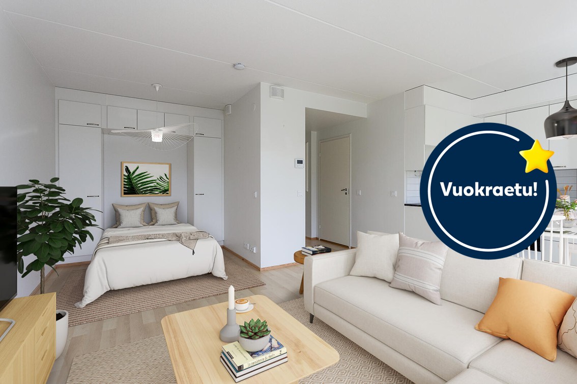 Pääkuva: digistailattu huoneistokuva. Kampanja:  Kuuden ensimmäisen kuukauden vuokra -50€.