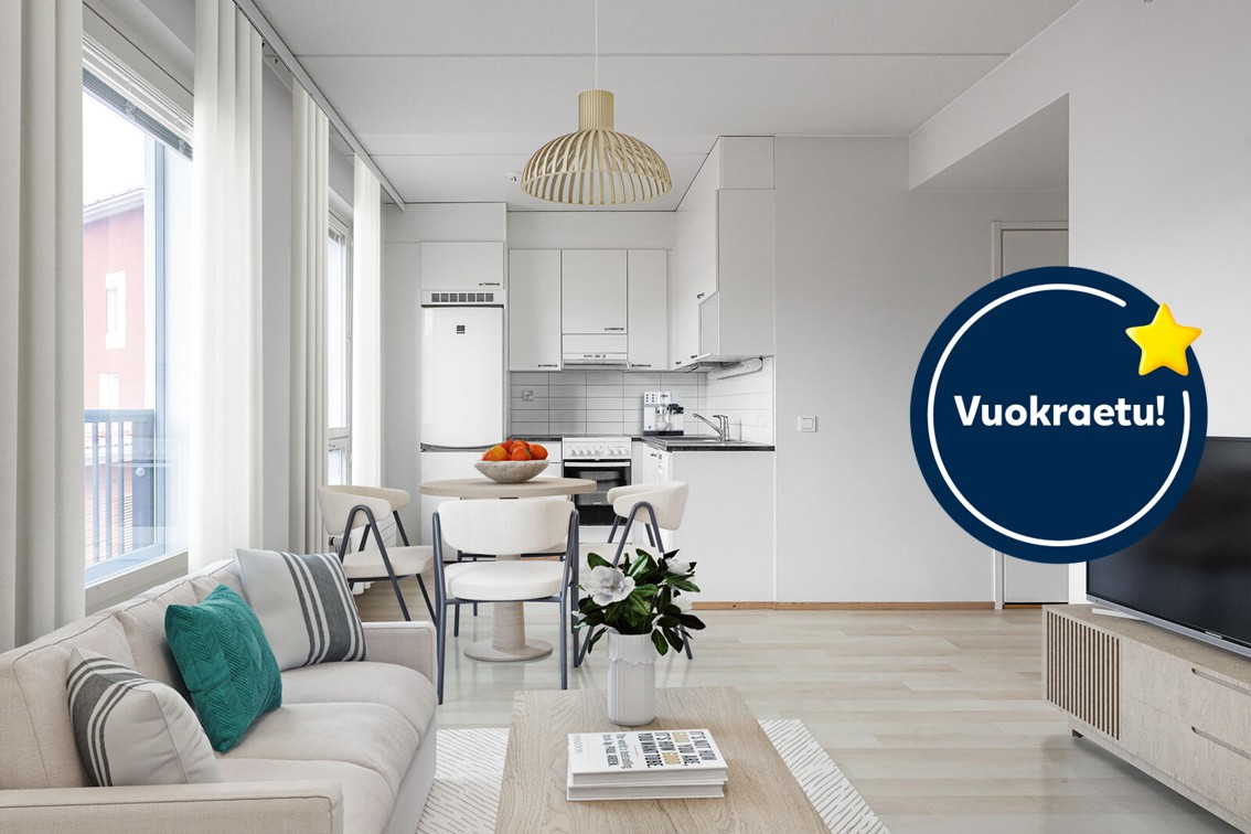 Pääkuva: digistailattu huoneistokuva. Kampanja:  Kuuden ensimmäisen kuukauden vuokra -50€.
