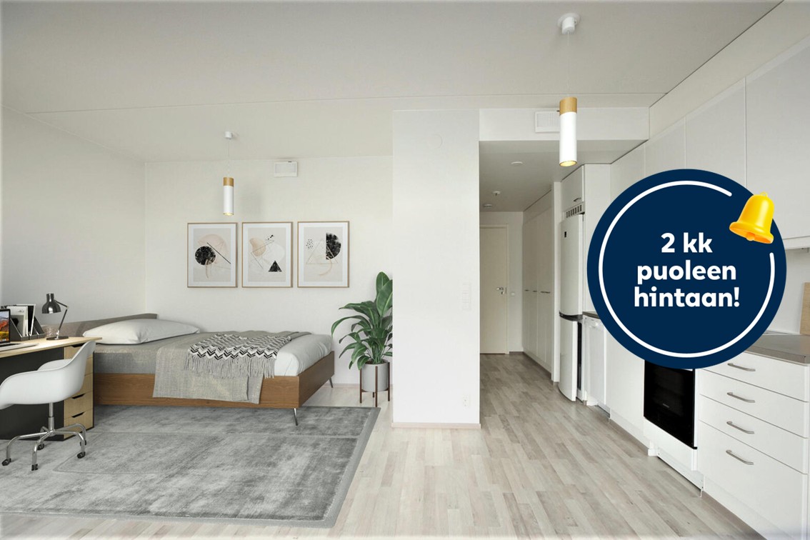 Pääkuva: digistailattu huoneistokuva. Kampanjakuvake: 2 kk puoleen hintaan!