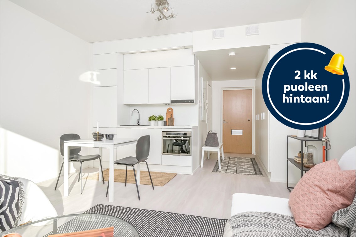 Kampanjakuvake: 2 kk puoleen hintaan! Mutkatonkoti -logo, Lähitapiola-logo.