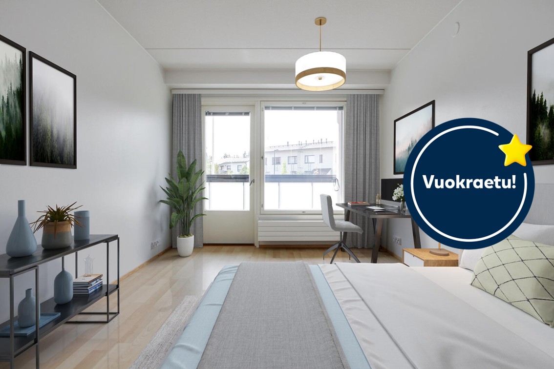 Pääkuva: digistailattu huoneistokuva. Kampanja:  Kuuden ensimmäisen kuukauden vuokra -50€.