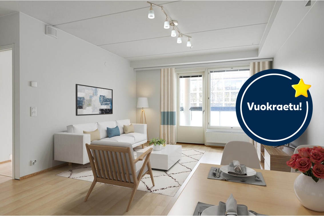 Pääkuva: digistailattu huoneistokuva. Kampanja:  Kuuden ensimmäisen kuukauden vuokra -50€.