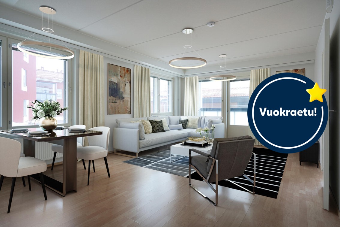 Pääkuva: digistailattu huoneistokuva. Kampanja:  Kuuden ensimmäisen kuukauden vuokra -50€.