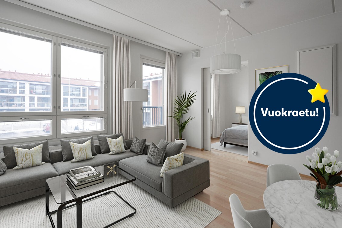 Pääkuva: digistailattu huoneistokuva. Kampanja:  Kuuden ensimmäisen kuukauden vuokra -50€.