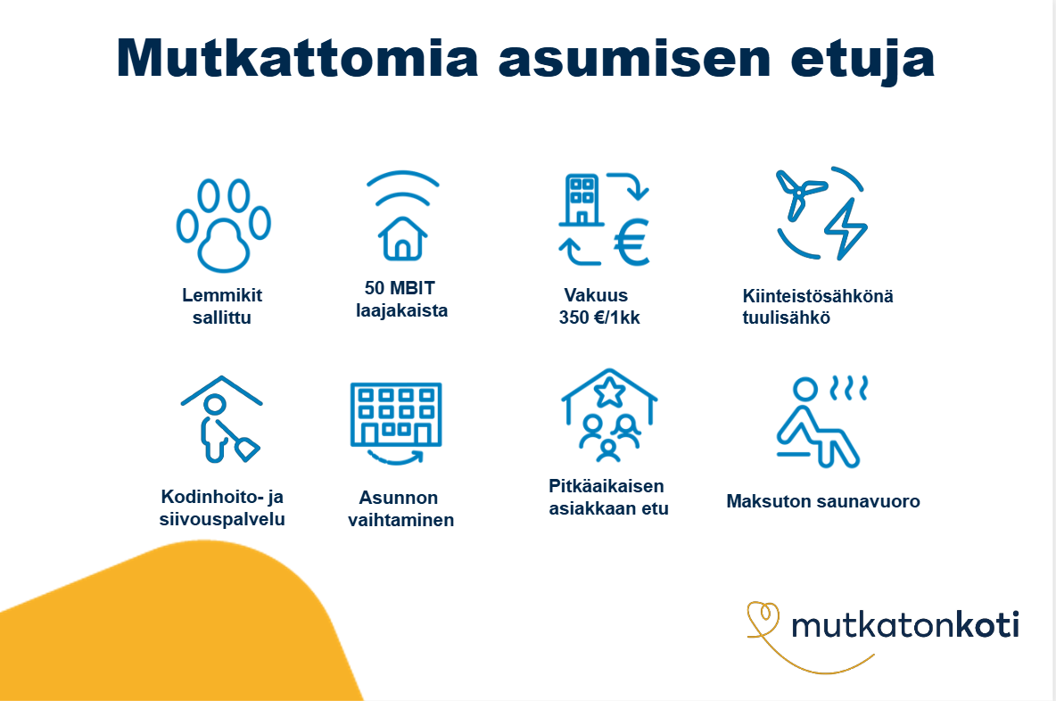 Etukuvake: Mutkattomia asumisen etuja. Lemmikit sallittu. 50 MBIT laajakaista. Vakuus 350 € tai 1 kk vuokra. Kiinteistösähkönä tuulisähkö.Maksuton saunavuoro. Kodinhoito- ja siivouspalvelu. Asunnon vaihtaminen. Pitkäaikaisen asiakkaan etu.