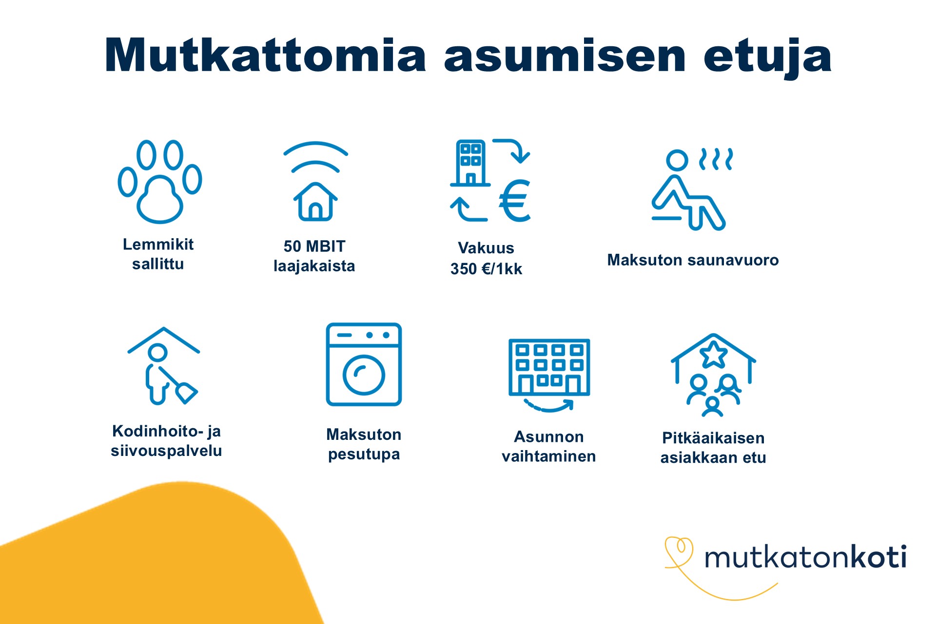 Etukuvake: Mutkattomia asumisen etuja. Lemmikit sallittu, 50mbit laajakaista, vakuus 350€ tai 1 kk vuokra, maksuton saunavuoro, maksuton pesutupa, kodinhoito- ja siivouspalvelu, asunnon vaihtaminen, pitkäaikaisen asiakkaan etu. Mutkaton koti -logo.