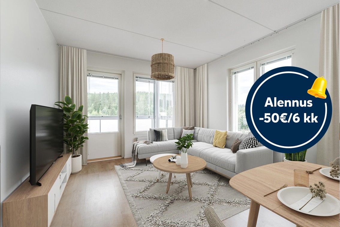 Pääkuva: digistailattu huoneistokuva. Alennus -50 euroa kuuden kuukauden ajan.