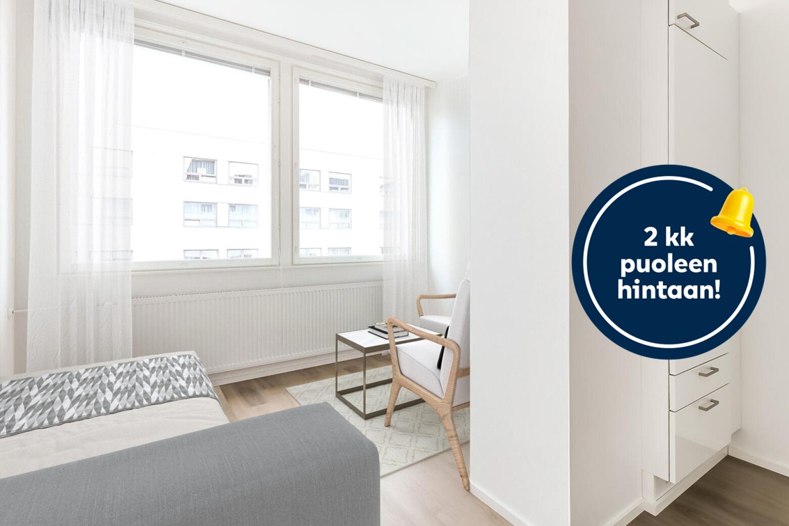 Pääkuva: digistailattu huoneistokuva. Kaksi kuukautta puoleen hintaan.