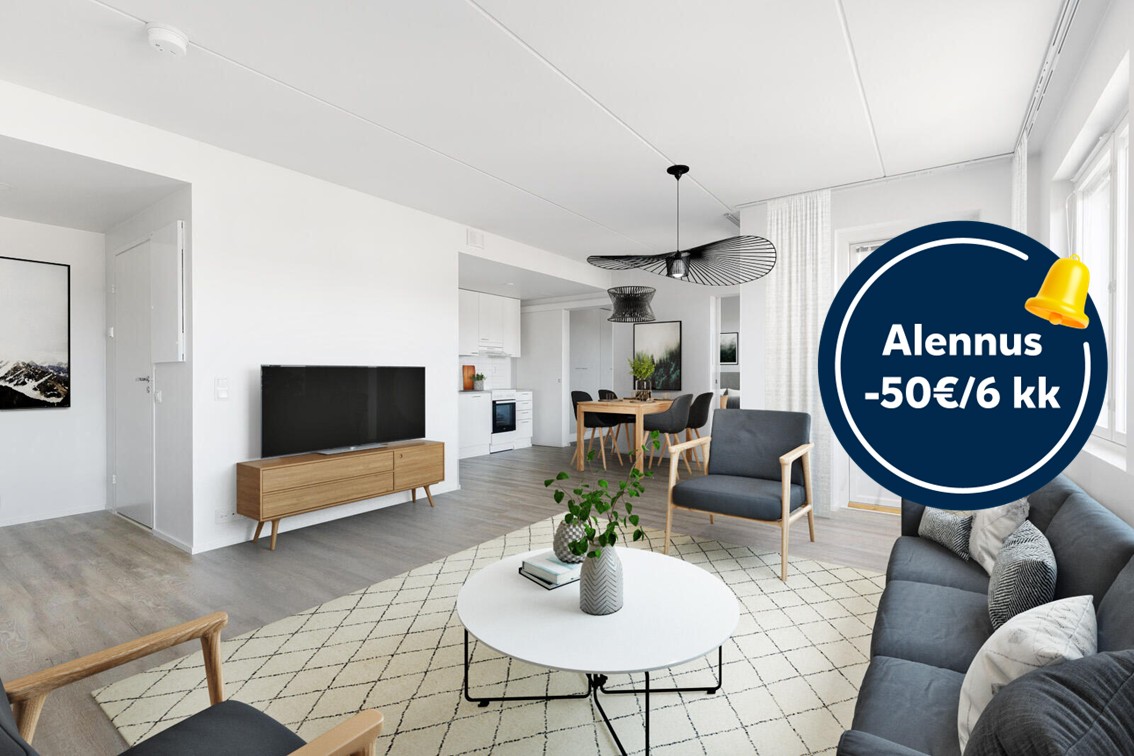 Pääkuva: digistailattu huoneistokuva. Säästä 50€ kuuden kuukauden ajan.