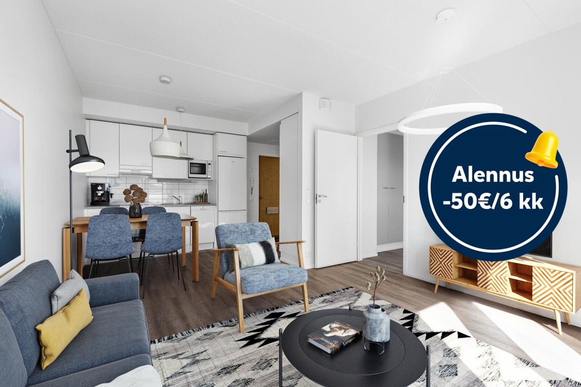 Pääkuva: digistailattu huoneistokuva. Säästä 50€ kuuden kuukauden ajan.