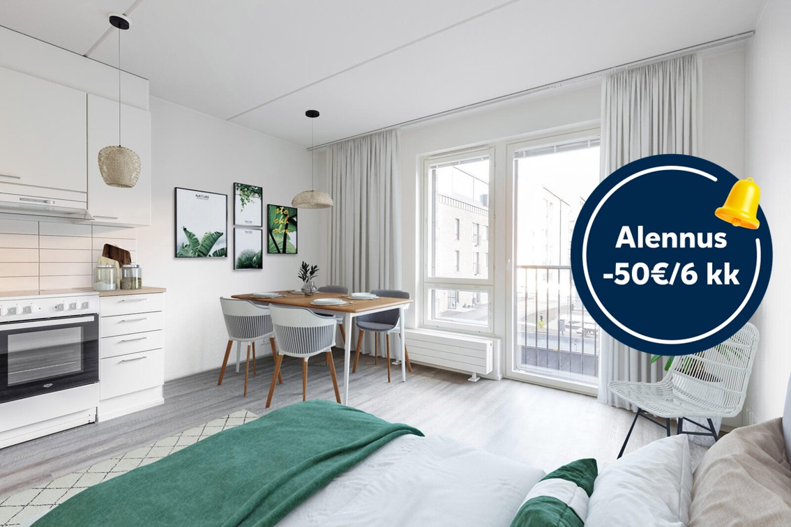Pääkuva: digistailattu huoneistokuva. Säästä 50€ kuuden kuukauden ajan.