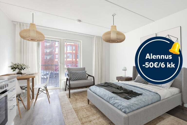Pääkuva: digistailattu huoneistokuva. Säästä 50€ kuuden kuukauden ajan.