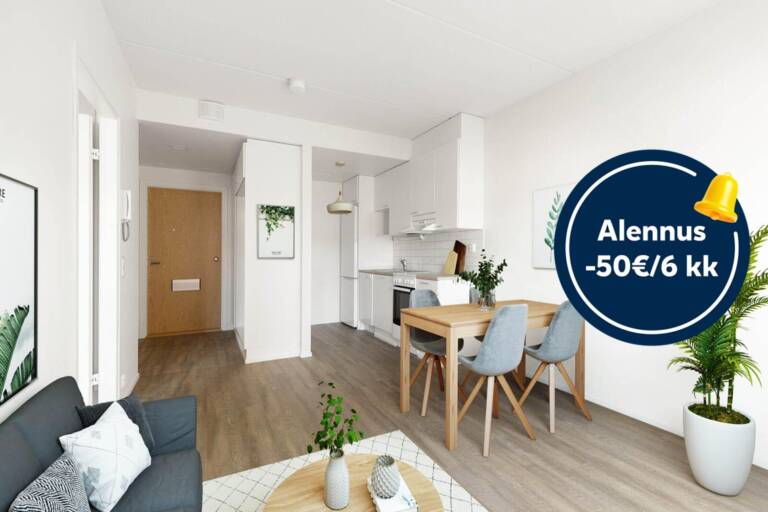 Pääkuva: digistailattu huoneistokuva. Säästä 50€ kuuden kuukauden ajan.