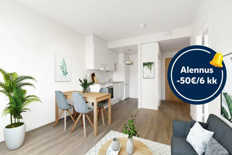 Pääkuva: digistailattu huoneistokuva. Säästä 50€ kuuden kuukauden ajan.