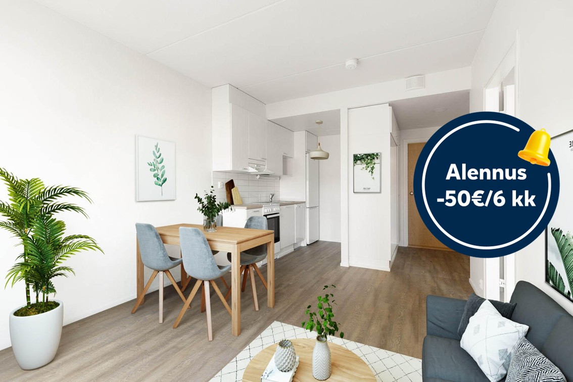 Pääkuva: digistailattu huoneistokuva. Säästä 50€ kuuden kuukauden ajan.