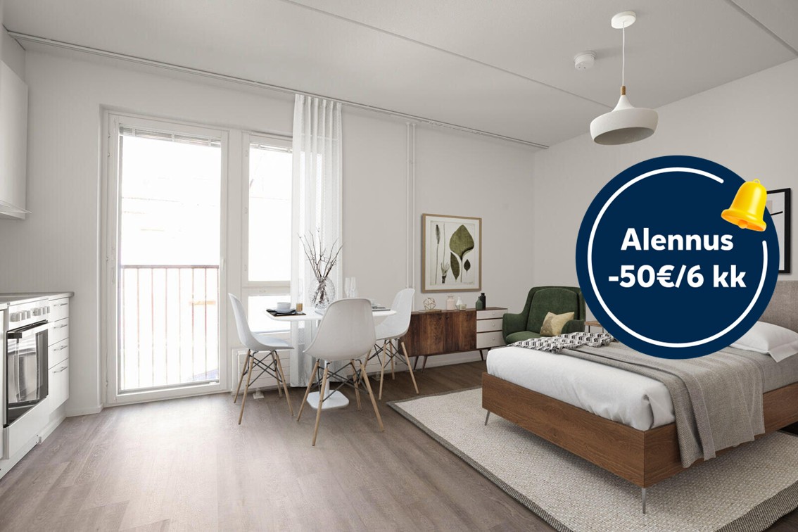 Pääkuva: digistailattu huoneistokuva. Säästä 50€ kuuden kuukauden ajan.