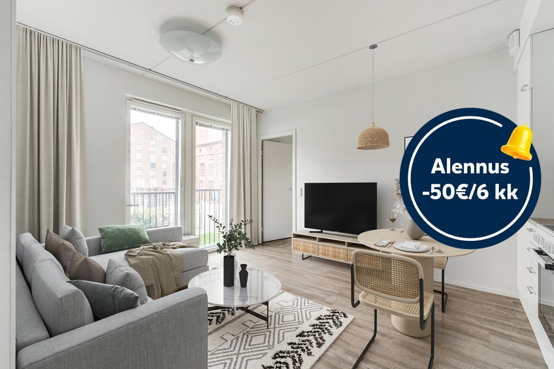 Pääkuva: digistailattu huoneistokuva. Säästä 50€ kuuden kuukauden ajan.