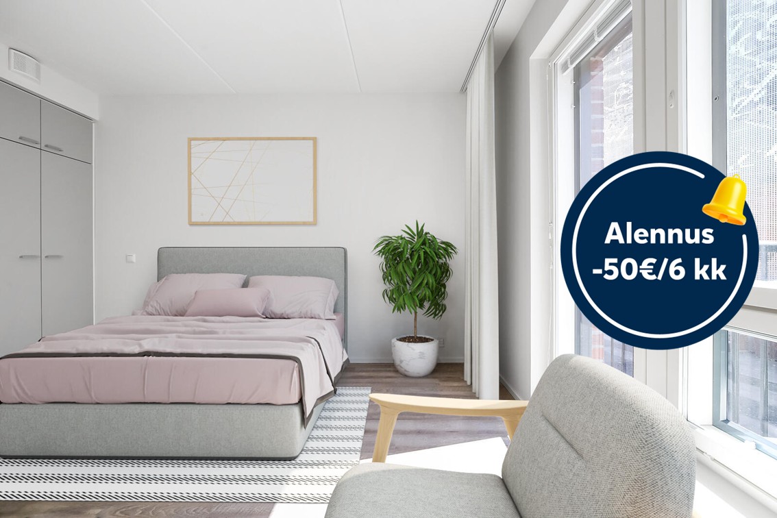Pääkuva: digistailattu huoneistokuva. Säästä 50€ kuuden kuukauden ajan.