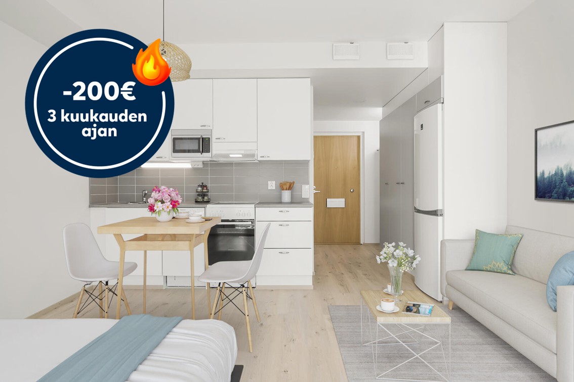 Pääkuva: digistailattu huoneistokuva. Säästä 200€ 3 kuukauden ajan.