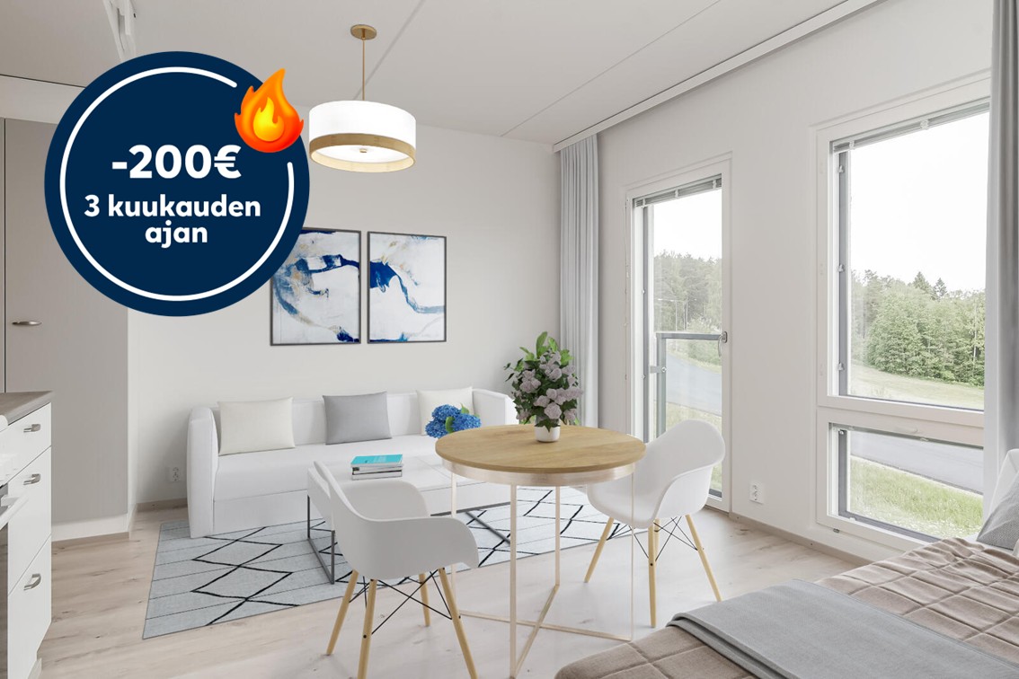 Pääkuva: digistailattu huoneistokuva. Säästä 200€ kolmen kuukauden ajan.