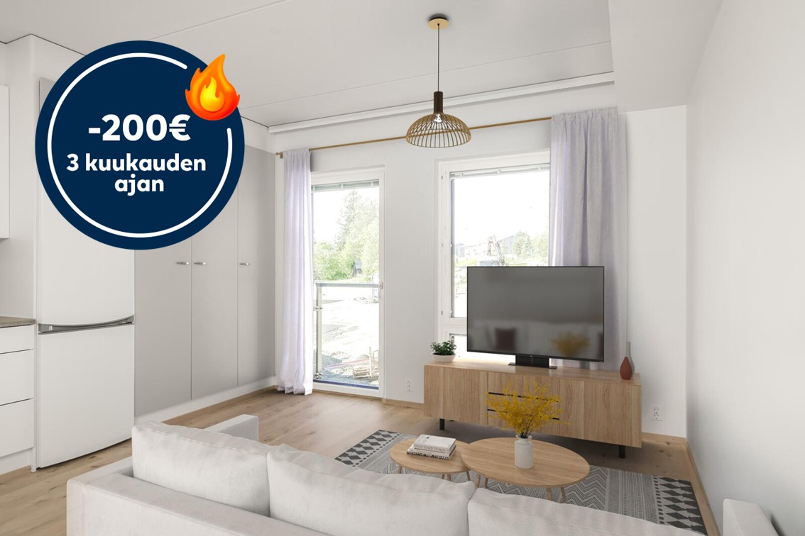Pääkuva: digistailattu huoneistokuva. Säästä 200€ kolmen kuukauden ajan.