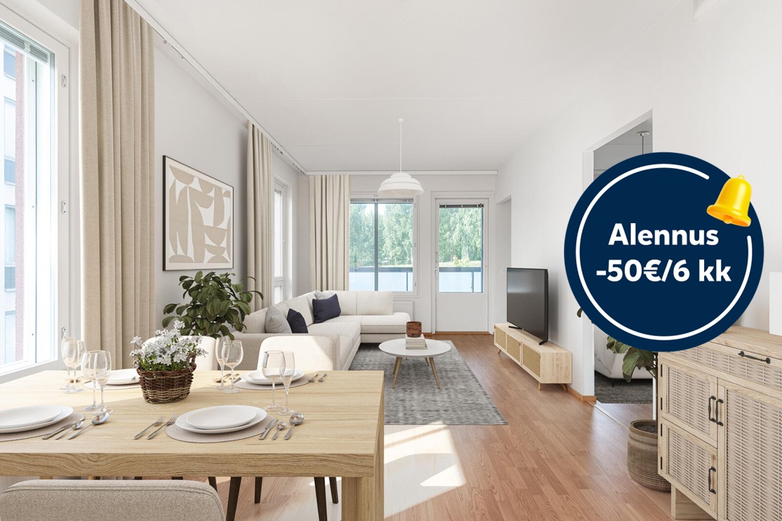 Pääkuva: digistailattu huoneistokuva. Säästä 50€ kuuden kuukauden ajan.