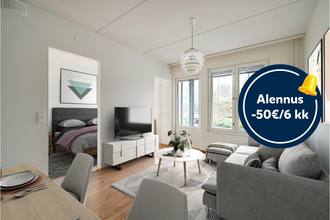 Pääkuva: digistailattu huoneistokuva. Säästä 50€ kuuden kuukauden ajan.