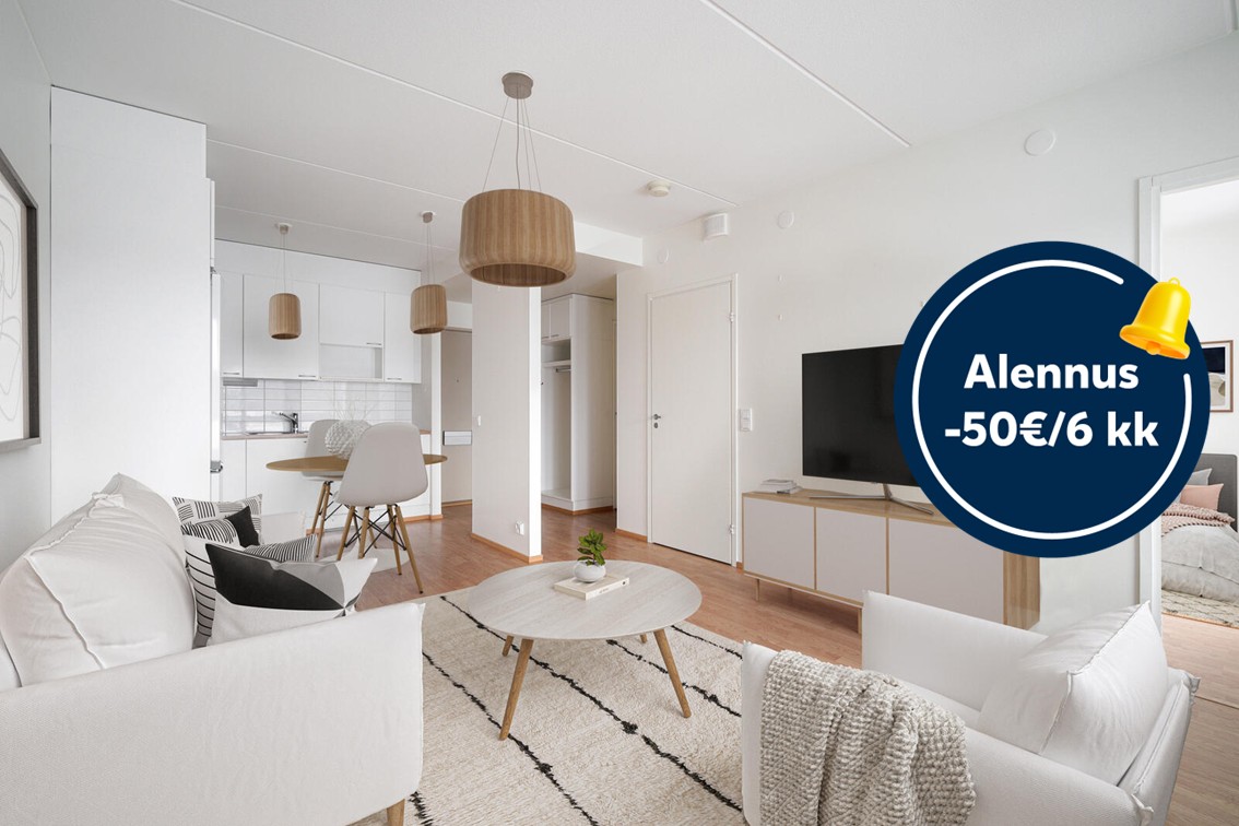 Pääkuva: digistailattu huoneistokuva. Säästä 50€ kuuden kuukauden ajan.