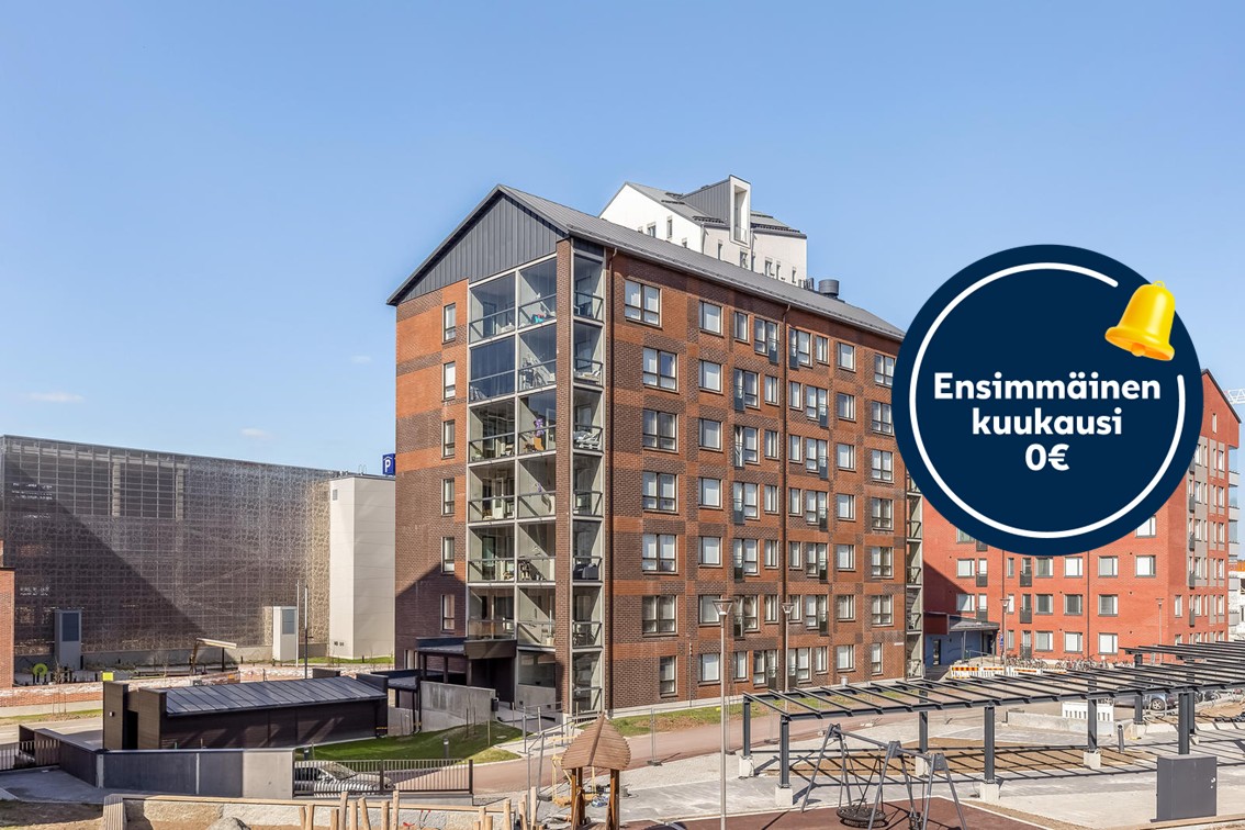 Pääkuva: julkisivukuva. Ensimmäisen täyden asumiskuukauden vuokra 0€.