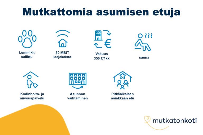 Etukuvake: Mutkattomia asumisen etuja. Lemmikit sallittu, ilmainen saunavuoro, 50mbit laajakaista, vakuus 350€ tai 1 kk vuokra, kodinhoito- ja siivouspalvelu, asunnon vaihtaminen, pitkäaikaisen asiakkaan etu. Mutkaton koti -logo.