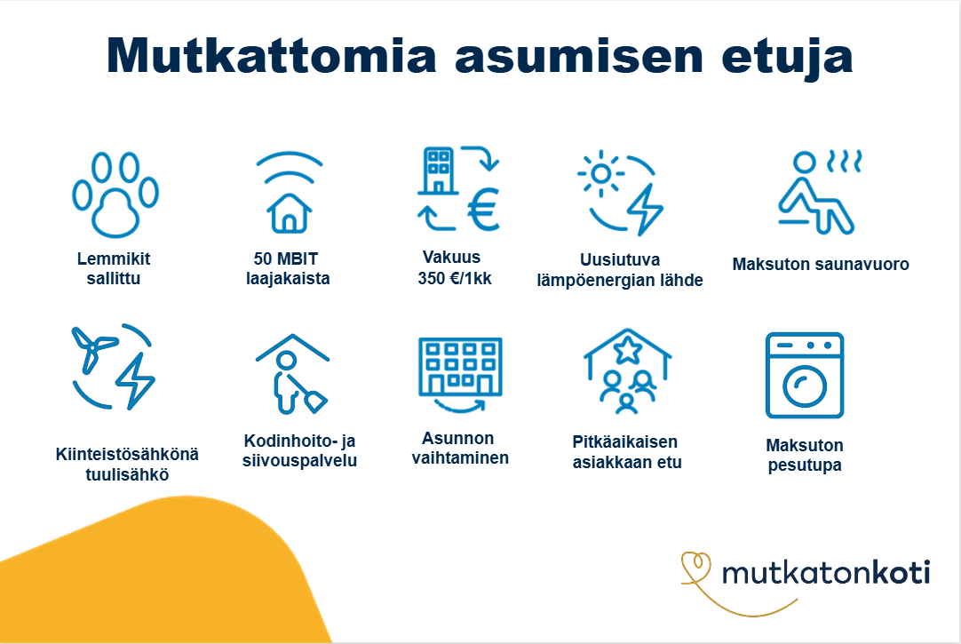 Etukuvake: Mutkattomia asumisen etuja. Lemmikit sallittu. 50 MBIT laajakaista. Kiinteistösähkönä tuulisähkö. Uusiutuva lämpöenergian lähde. Vakuus 350 € tai 1 kk vuokra. Asunnon vaihtaminen. Kodinhoito- ja siivouspalvelu. Pitkäaikaisen asiakkaan etu. Maksuton saunavuoro. Maksuton pesutupa.