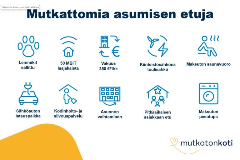 Mutkattomia asumisen etuja: Lemmikit sallittu. 50 MBIT laajakaista. Vakuus 350 €/1kk. Maksuton pesutupa. Maksuton saunavuoro. Kodinhoito- ja siivouspalvelu. Asunnon vaihtaminen. Pitkäaikaisen asiakkaan etu. Kiinteistösähkönä tuulisähkö. Sähköauton latauspaikka. Mutkaton koti -logo.